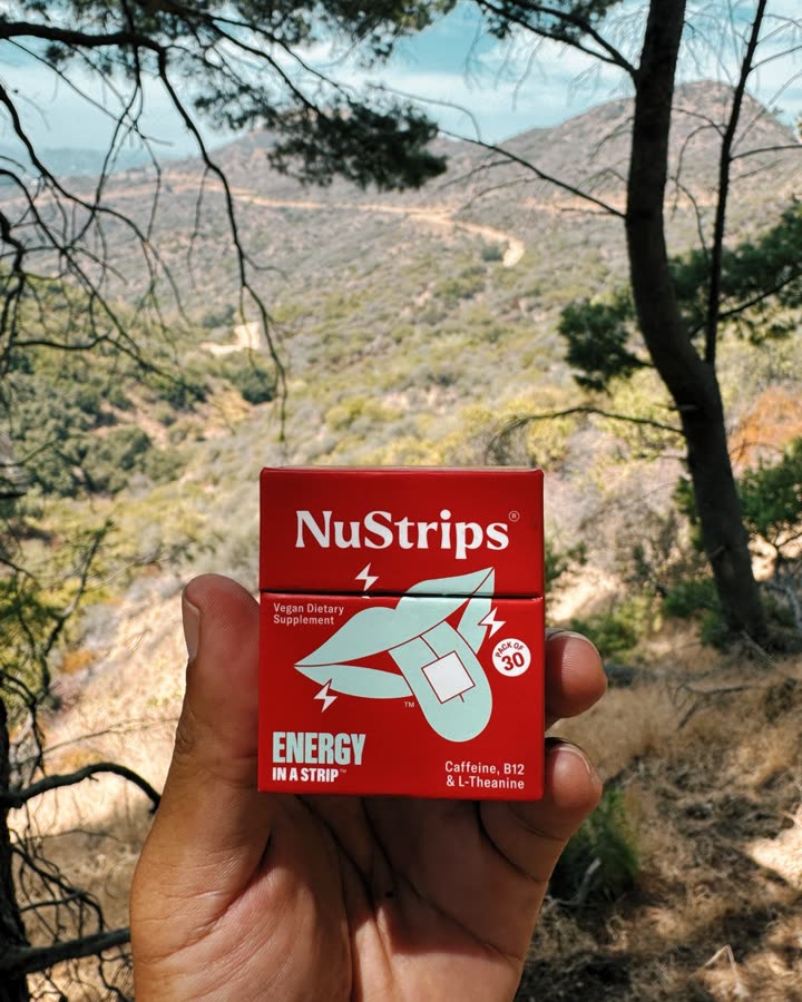 NuStrips box held up on a Los Angeles trail